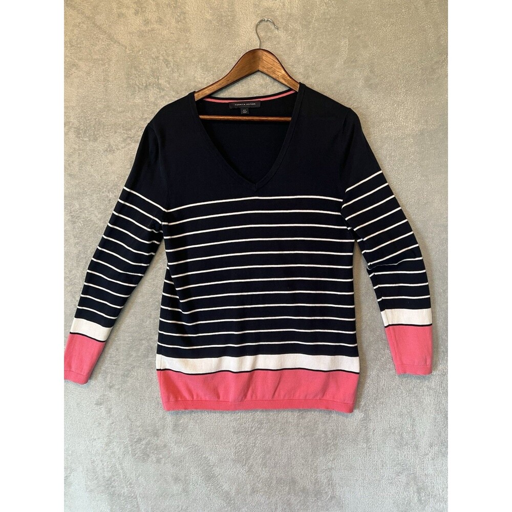 Tommy Hilfiger Sweater Lg Navy/Pink V Neck Pullover Cotton Wmns Preppy Classic